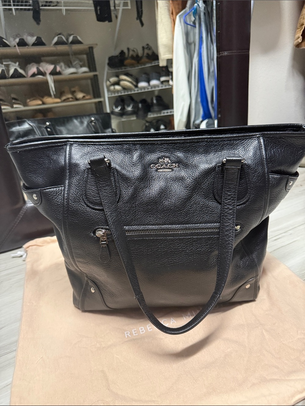 Coach Black Pebbled Leather Tote with Zip Pocket